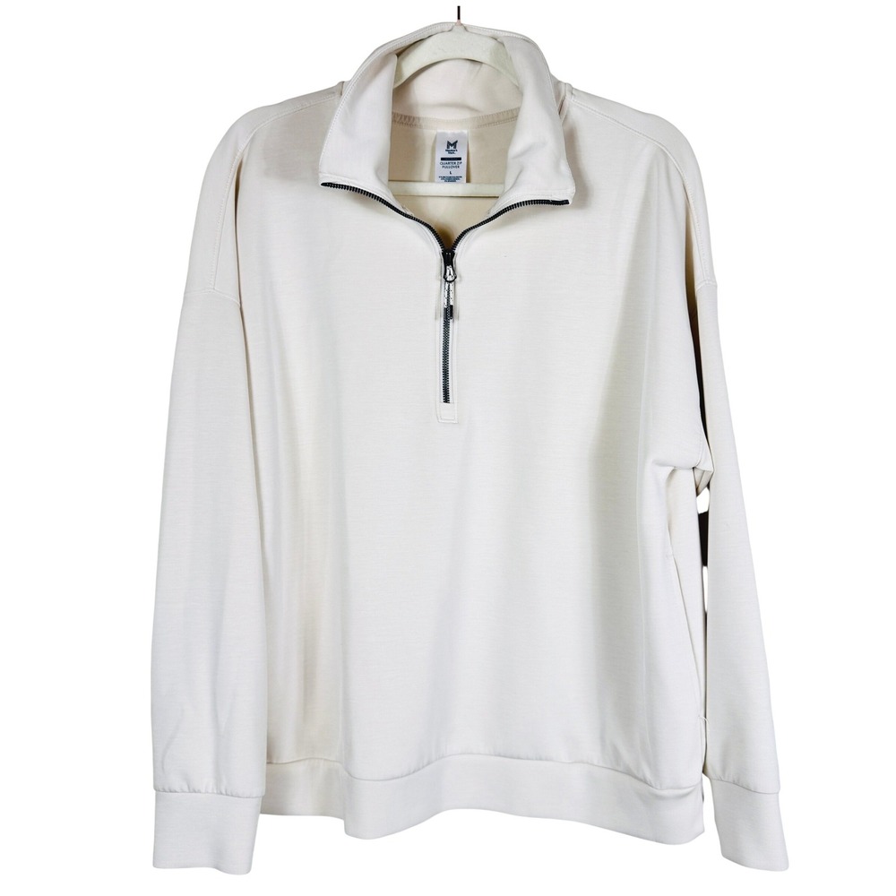 Women Cream Mock Neck Quarter Zip Pullover Size L Modal Neutral Layering Pockets - Picture 2 of 9